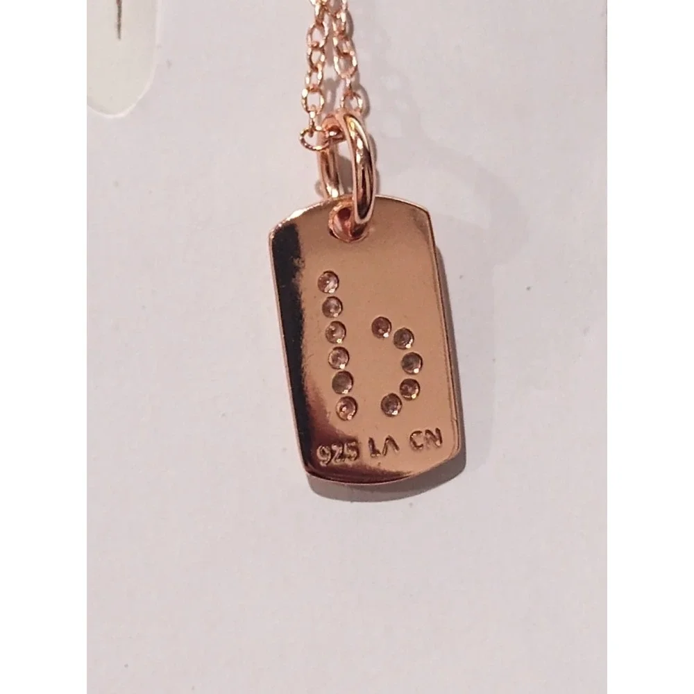 925 Sterling Silver Rose Gold Initial d Dog Tag Necklace Cubic Zirconia 18 In